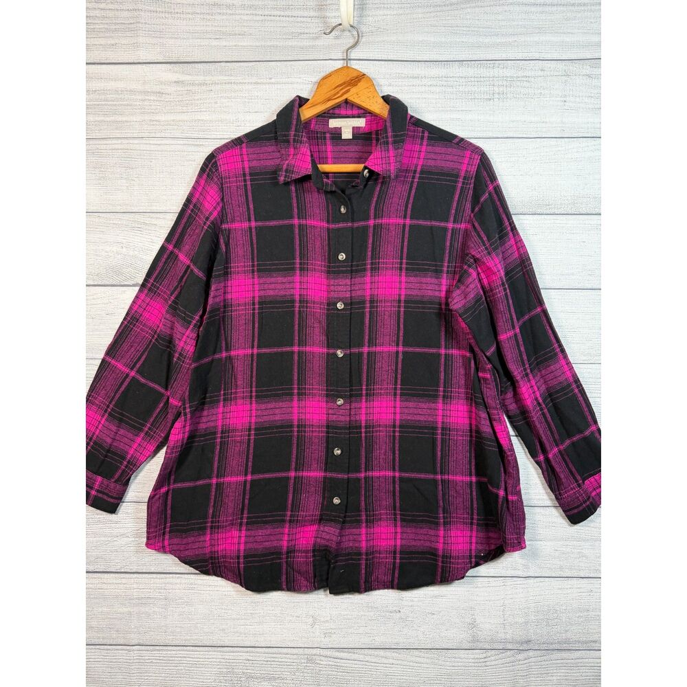 Woman Within Womenâs 14/16 Black Pink Plaid Cotton Button Down Shirt 4325